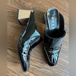 ASKA Gwynne Patent Leather Mid Block Heel Slip On Shoes Mules 39 Made in Italy